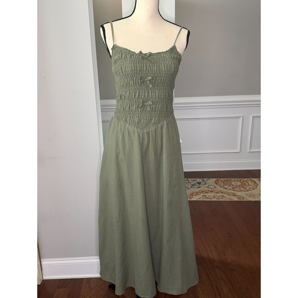 American Eagle Bella Bow Olive Green Midi Dress Spaghetti Straps Sz XS